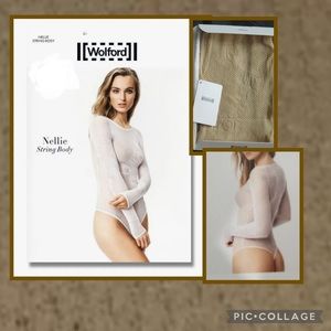 $275 Wolford Nellie String BodySuit Toasted Almond 12/14 Medium 77075 Lace Net